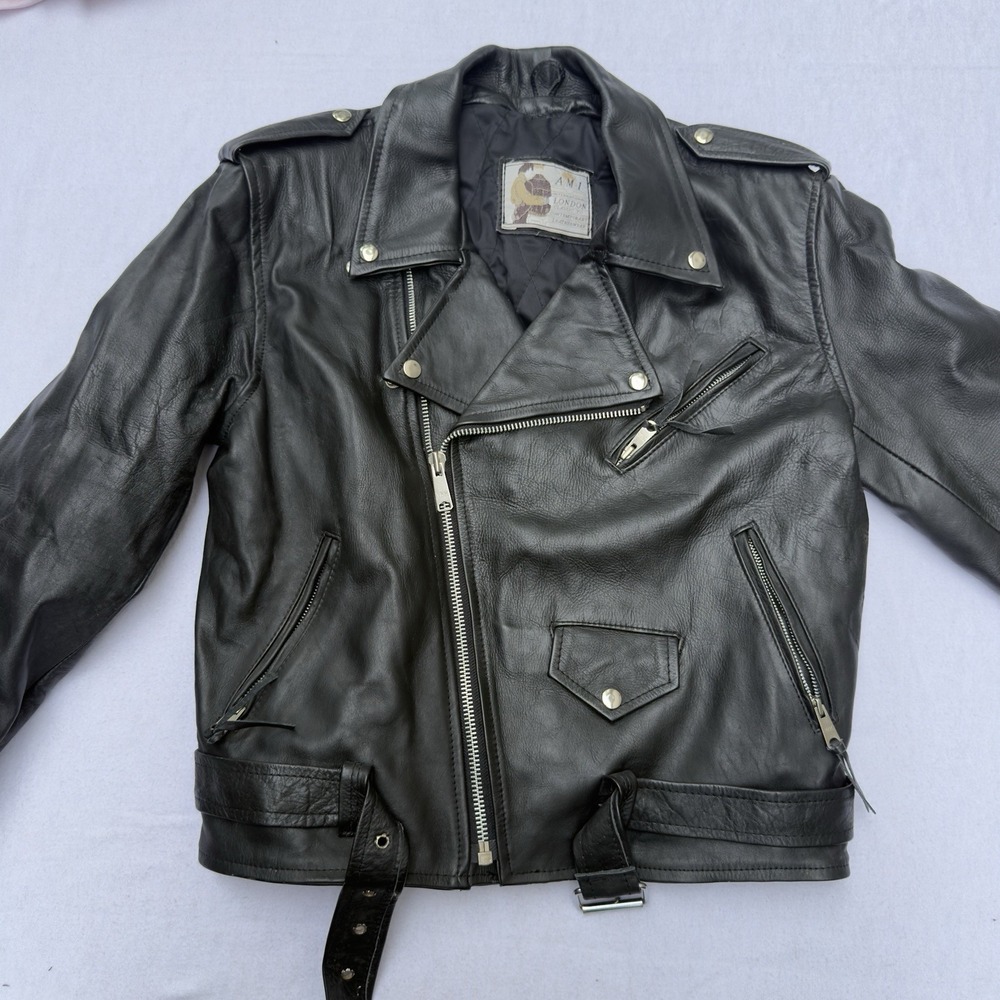 Vintage 70s 80s AMI London Black Leather Belted Motorcycle Biker Jacket Sz L/XL?